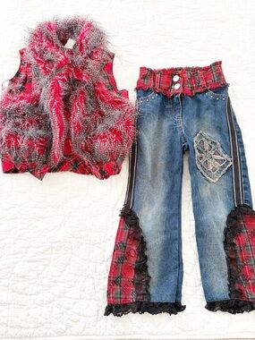 Little Mass Girls 4T Two-Piece Red Plaid & Denim Set with Fuzzy Vest
